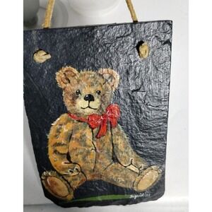 Vintage Hand Painted Slate Teddy‎ Bear Wall Art Signed 1985 Cottage Decor